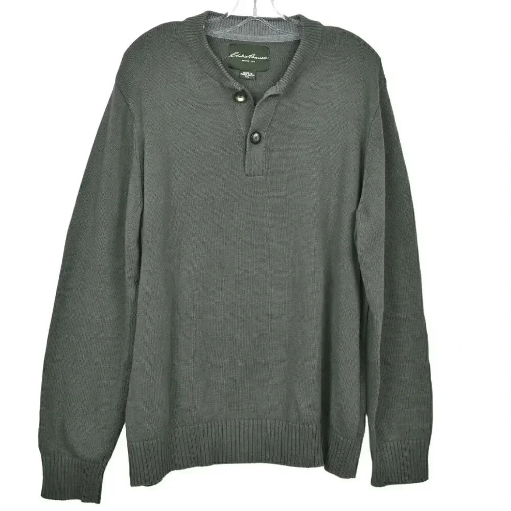 Eddie Bauer Knit Sweater Long  Sleeve Cotton Green Henley Size XXL